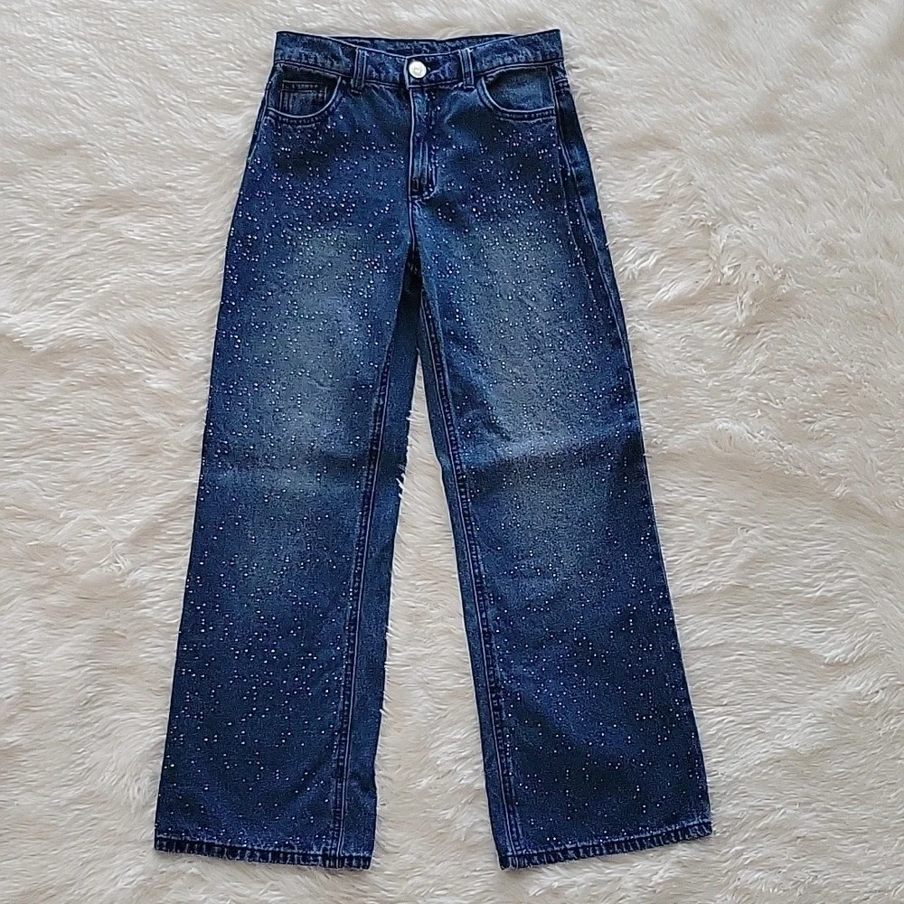 Justice Sparkle Rhinestone Wide Leg Dark Wash Girls Jeans Size 12 Slim